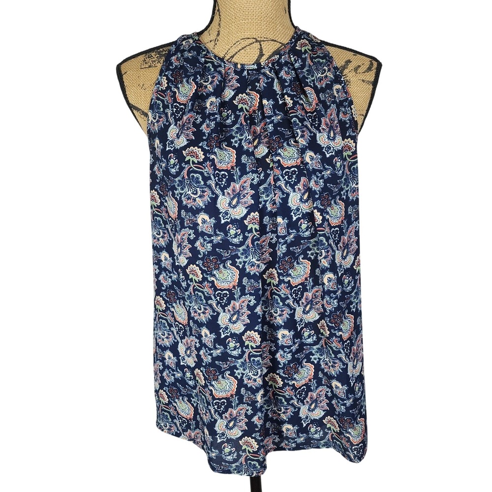 AVA CHRISTINE Size Medium Blue Jacobean Floral Pleated Neck Sleeveless Blouse